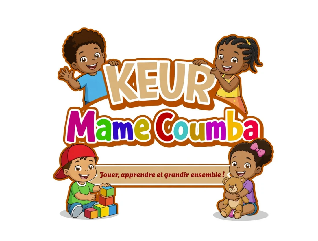 Illustration d'enfants heureux tenant l'enseigne de la crèche Keur Mame Coumba
