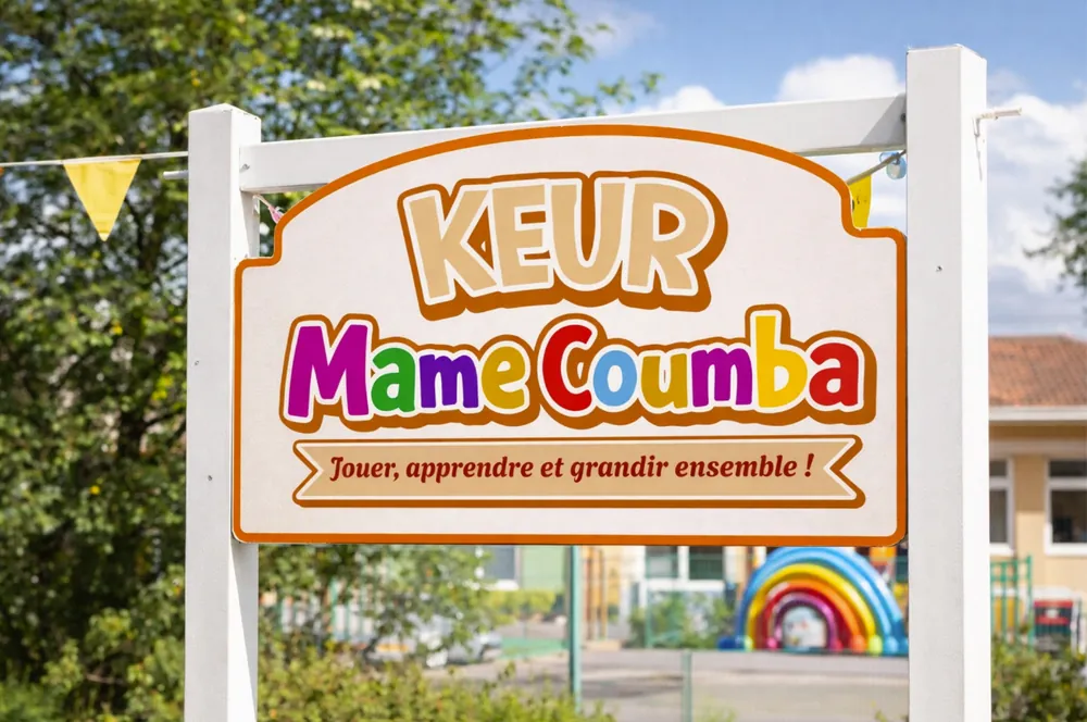 Enseigne de la crèche Keur Mame Coumba à l'entrée